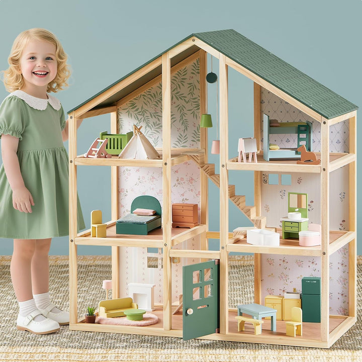 Wooden Dollhouse for Girls - 6 Rooms Wooden Doll House, DIY Pretend Doll House with 31Pcs Furniture Accessories, Creative Gift for Girl Ages 3+