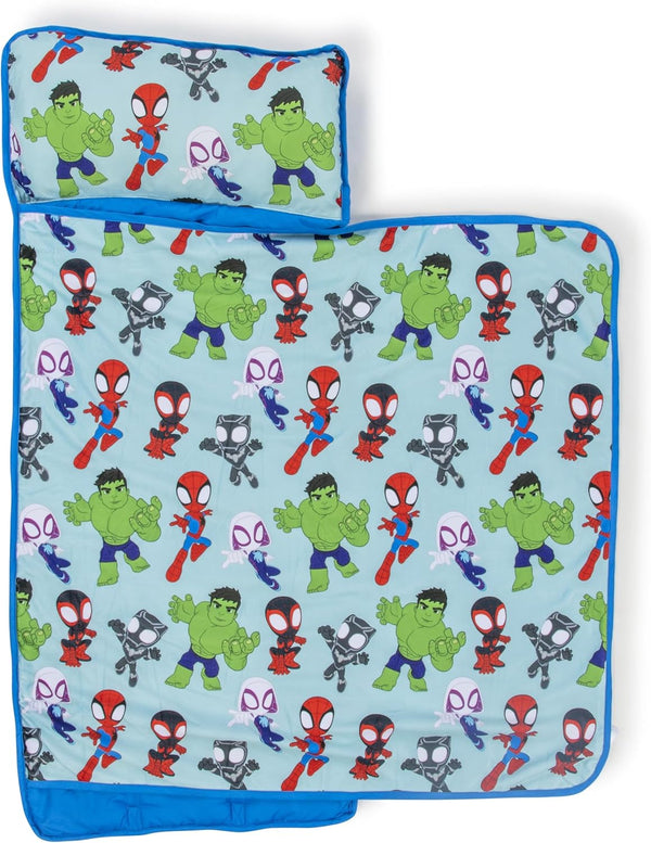 Toddler Nap Mat with Built-In Pillow and Blanket - Soft 46 X 20-Inch Microfiber Kids Sleeping Bag for School or Sleepover, Blue - Spidey & His Amazing Friends