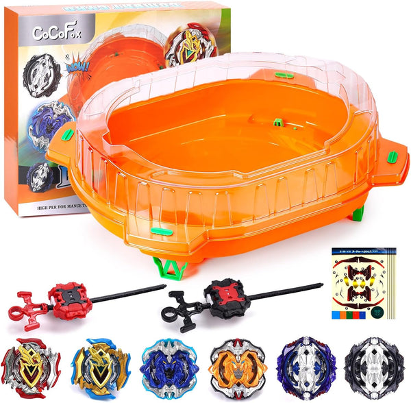 Battling Top Burst Toy Set, 6 Battling Tops 2 Launchers and 1 Stadium, Toys for 6 Year Old Boys & Girls & Up（Orange）