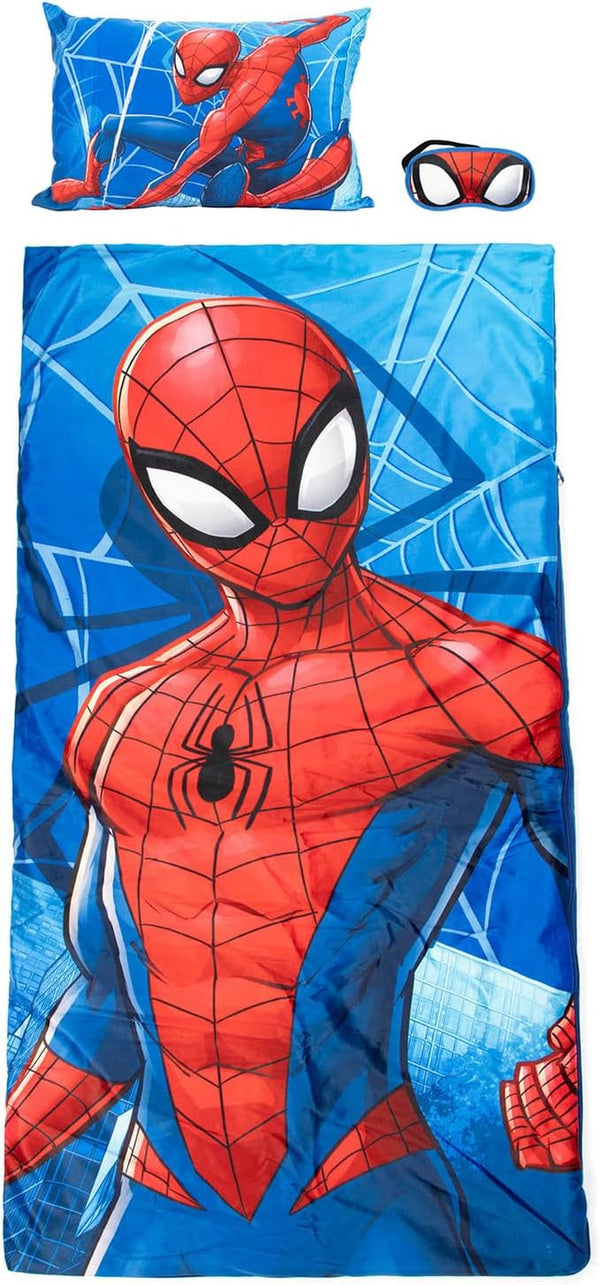 Marvel Spiderman 3 Piece Sleepover Set - Cozy & Warm Kids Slumber Bag with Pillow & Eye Mask (Official Marvel Product)