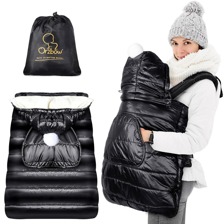Winter Baby Carrier Cover with Detachable Hood, Waterproof & Windproof, Universal for Baby Carriers and Baby Waist Stool, Baby Bunting Bag for Car Seats and Strollers with Storage Bag, Black