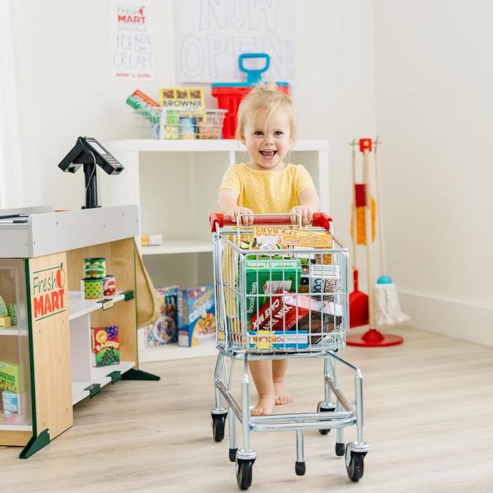 Toy Shopping Cart with Sturdy Metal Frame Toddler Shopping Cart, Pretend Grocery Supermarket, Pretend Play for Kids Ages 3+