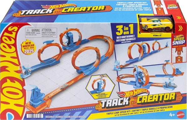 Toy Car Track Set, Triple Loop Pack & 1:64 Scale Vehicle, Track-Building Components with 3 Loops, Speed Snap Tracks & Adapters