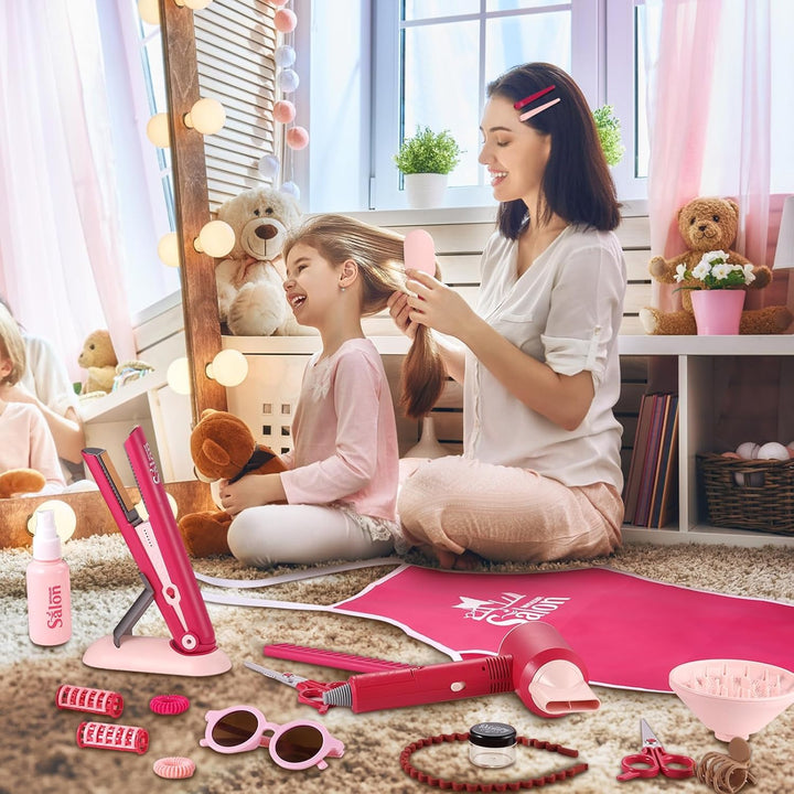 Pretend Hair Salon Toys for Girls,Pretend Makeup for Toddlers Dress up Beauty Salon Set Stylist Kit with Hair Dryer Apron Curling Flat Scissors Accessories Girl Gifts