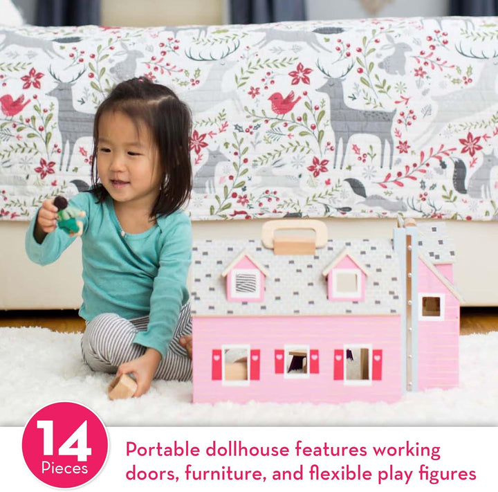 Fold and Go Wooden Dollhouse with 2 Dolls and Wooden Furniture,Multi,One Size