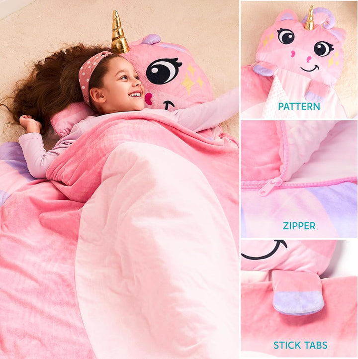 Toddler Sleeping Bag for Kids Ages 3+ Nap Mat for Preschool with Pillow & Blanket Sleeping Mats for Kids Daycare Plush Slumber Bag for Boys Girls Kindergarten Birthday Gift