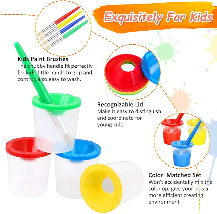 4 Pcs Kids No Spill Paint Cups and 4 round Paint Brushes 4 Colors Spill Proof Paint Cups for Children’ Art Class and Home.