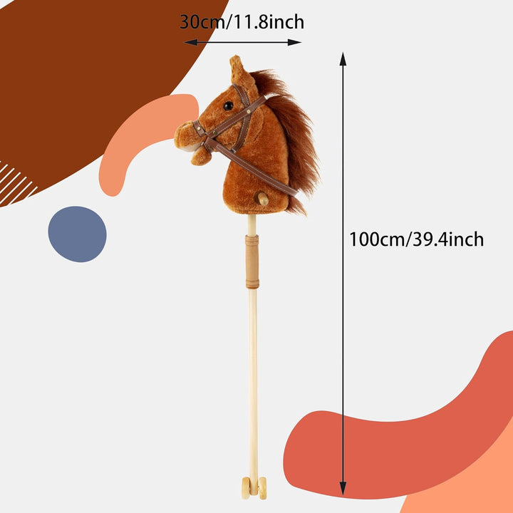 Stick Hobby Horse Riding Toy, Plush Stick Horse for Toddlers Ages 3+, Horses Ride on Toy Fun Pretend Play with Wooden Wheels and Real Pony Clip-Clop Sounds 39 Inches-Light Brown