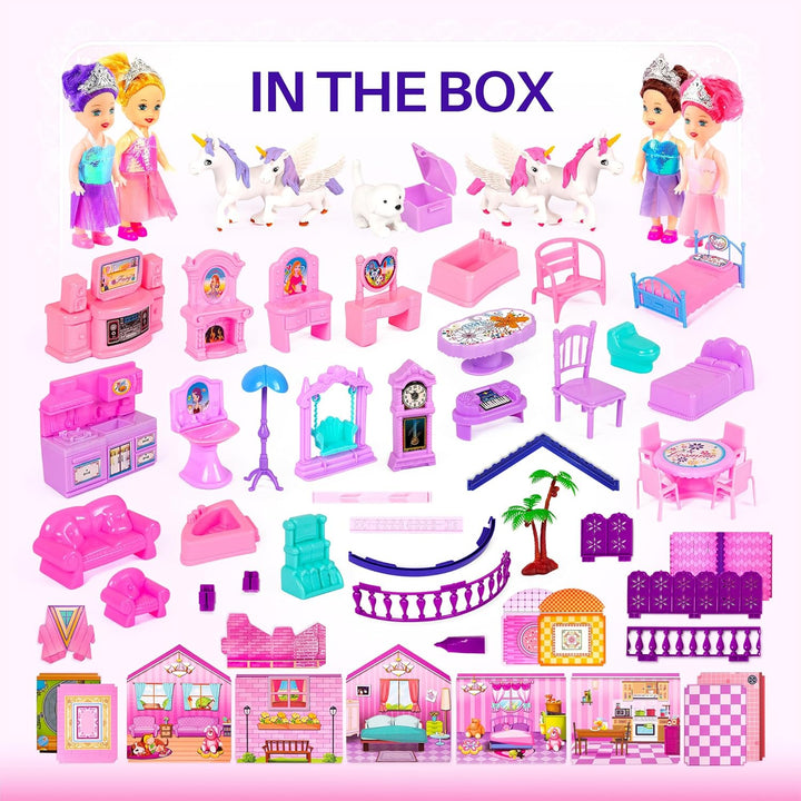 Dollhouse with 4 Princesses, 4 Unicorns, Dog, Furniture and Accessories - Pink and Purple Dream Doll House Toy for Little Girls - 5 Rooms W/Garden, Furniture and Accessories, Gift for Girls Ages 2-7