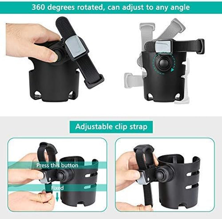 Stroller Cup Holder with Adjustable Strap, 360 Degree Rotatable Universal Cup Holder for Uppababy, Nuna, Doona Stroller, Drinks Holder for Wheelchair, Walker, Rollator