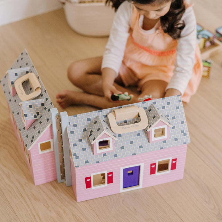 Fold and Go Wooden Dollhouse with 2 Dolls and Wooden Furniture,Multi,One Size