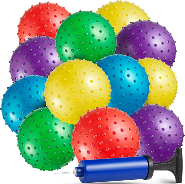 Mini Knobby Balls - (Pack of 12) Bulk 5 Inch Sensory Balls and Spiky Massage Stress Balls with Pump, Fun Bouncy Ball Party Favors