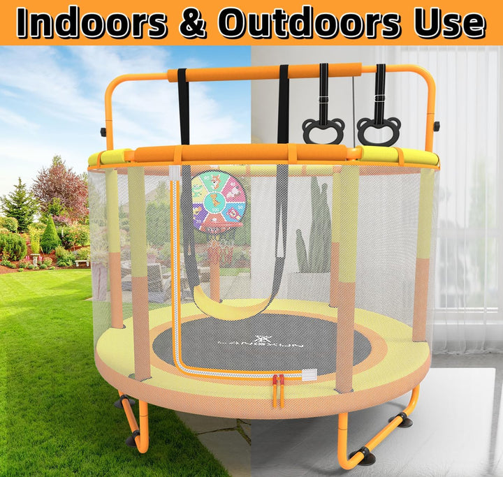 60" Trampoline for Kids, 5Ft Toddler Mini 6-In-1 Trampoline Indoor Outdoor with Swing, Basketball Hoop, Dart Board, Gymnastics Bar, Rings, Christmas Toys Birthday Gifts for Girls Boys Age 3-8