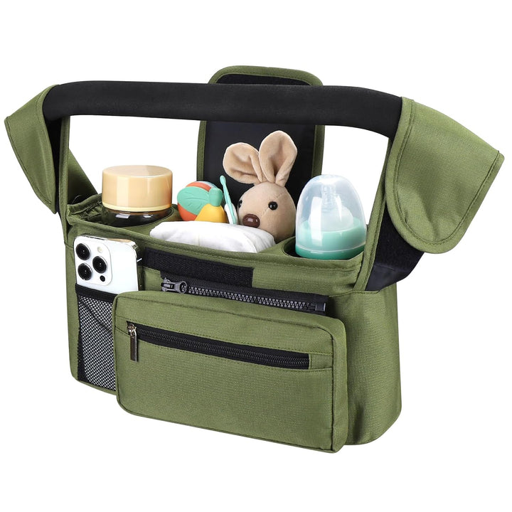 Universal Stroller Organizer with Insulated Cup Holder Detachable Phone Bag and Shoulder Strap,Stroller Bag Caddy Organizer Fits for Uppababy, Baby Jogger, Britax Strollers