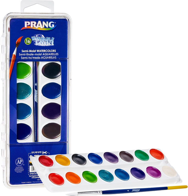 Washable Semi-Moist 16 Classic Colors with 1 Brush with Shaped Pans Provide 41% More Paint