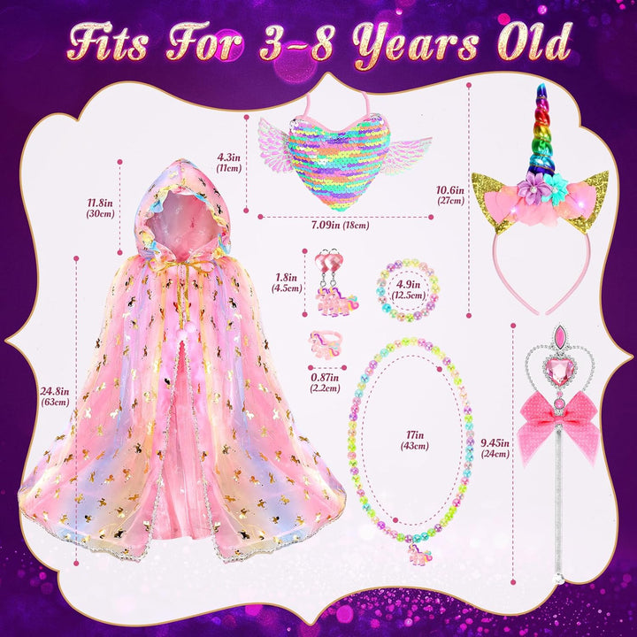 Princess Dress up for Girls,Unicorn Light up Princess Cape Set,Light up Princess Dress with Unicorn Toys for Girls 3-8 Halloween