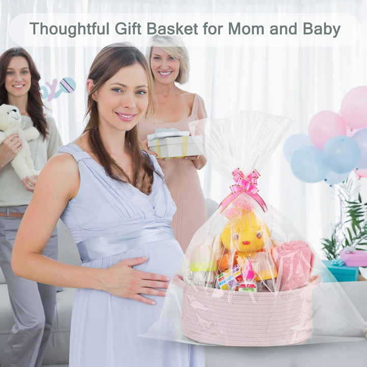 Small Woven Basket with Gift Bags and Ribbons, Gift Basket Empty, Cotton Rope Storage Organizer, Baby Toy Box with Handles, 12" X 8" X 5", Light Pink