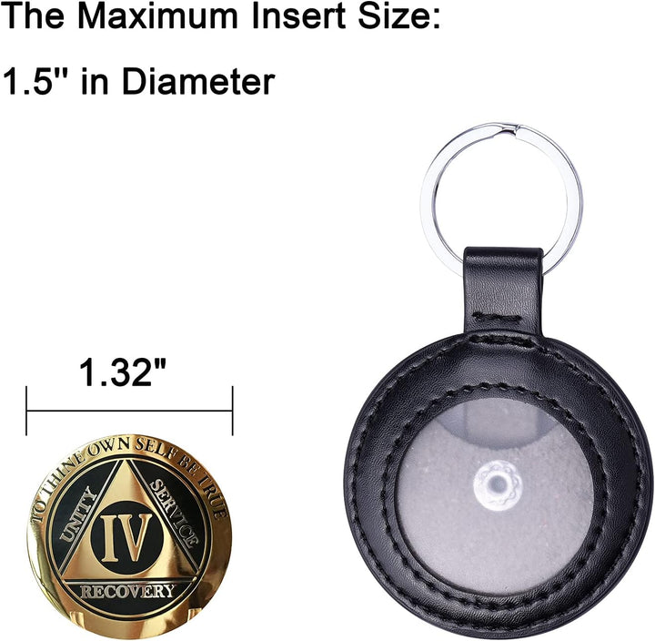 PU Leather Coin Holder Keychain for AA Medallion, Standard Challenge Coin, Recovery Chip - Black