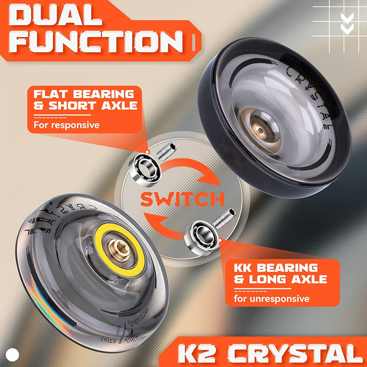K2 Crystal Black Yoyo Professional, Responsive Yoyo for Kids Beginners with Extra Unresponsive Yo Yo Bearing, Pro Plastic Trick Yo Yo for Adults+12 Stings+Bearing Removal Tool+Storage Bag