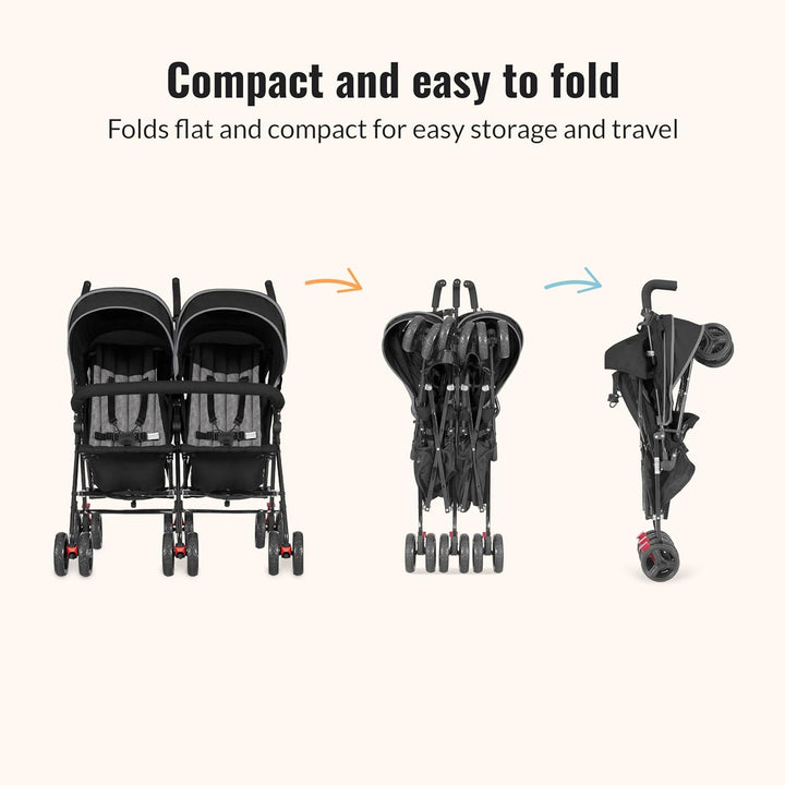 Volgo Twin Umbrella Stroller in Black, Lightweight Double Stroller for Infant & Toddler, Compact Easy Fold, Large Storage Basket, Large and Adjustable Canopy