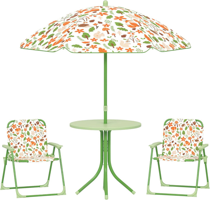 Kids Picnic Table and Chair Set, Outdoor Activity Table with Foldable Chairs, Removable Umbrella, Rainbow Pattern Toddler Patio Furniture for Backyard, Garden, Pink