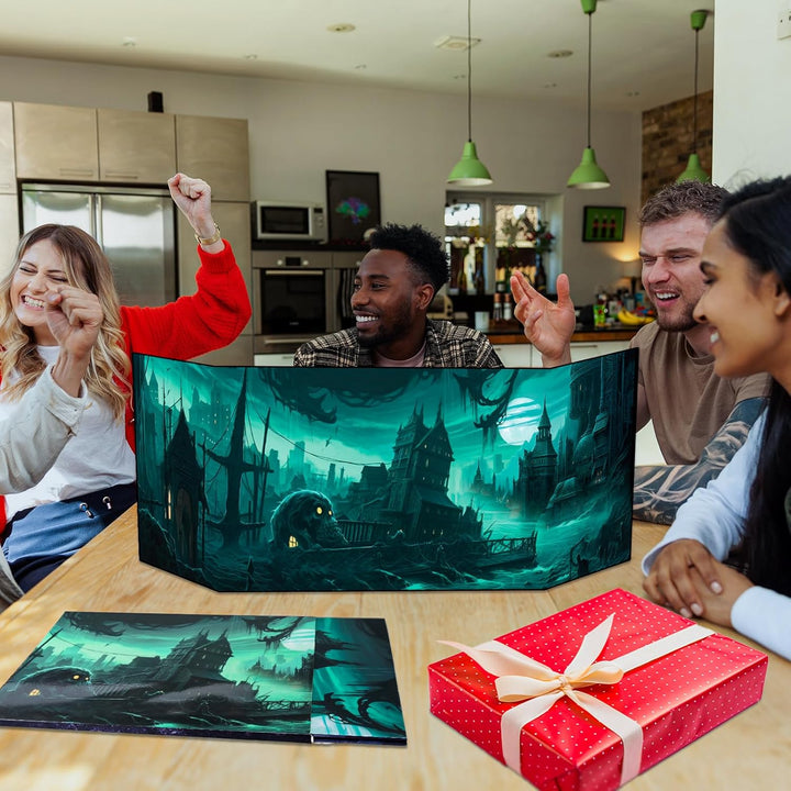 DM Screen 4-Panel Cardboard Game Master Screen with Erasable & Clear Pockets, Gloomy Castle Artwork Game Master Shield Tool for Dungeon Master and RPG Player (Style B)