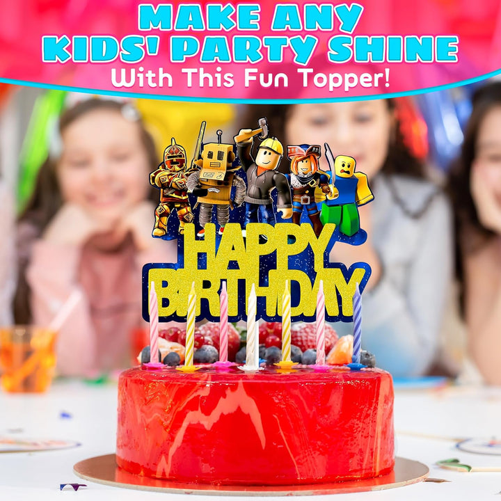 Video Game Cake Topper Decorations - Vibrant Glitter Cardboard Gamer Cake Topper, Eye-Catching Design, Firm Installation & Easy Adjusting, Sturdy Plastic Stick - Birthday Decorations for Boys & Girls