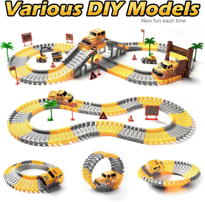 264 PCS Construction Race Tracks for Kids Toys, Glow in the Dark Magic Toy Set, 2 Light up Cars Track, 3 Construction Cars, Flexible DIY Track Set, Birthday Gift for Age 3-9 Boys Toddler Girls
