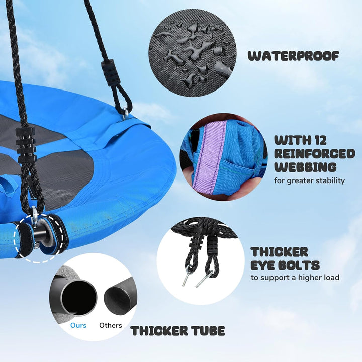 700Lb 40 Inch Saucer Tree Swing for Kids Adults Outdoor 900D Oxford Waterproof with 2Pcs Tree Hanging Straps, Steel Frame and Adjustable Ropes Blue