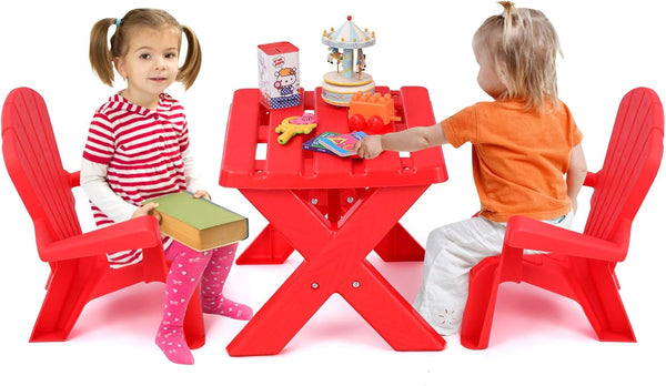 Kids Outdoor Table & Chair Set, Toddler Play Table with 2 Adirondack Chairs, 3 Pcs Kids Backyard Furniture, Stackable Design for Saving Space, for Beach, Garden, Lawn (Red)