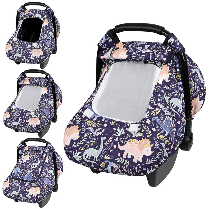 Floral Baby Carseat Cover Girls,  Infant Car Seat Covers Canopy for Newborn with 2 Layers Windows of Breathable Mesh/Fabric, Lightweight Polyester/Minky Dot Backing, Snug Fit Most Baby Car Seat