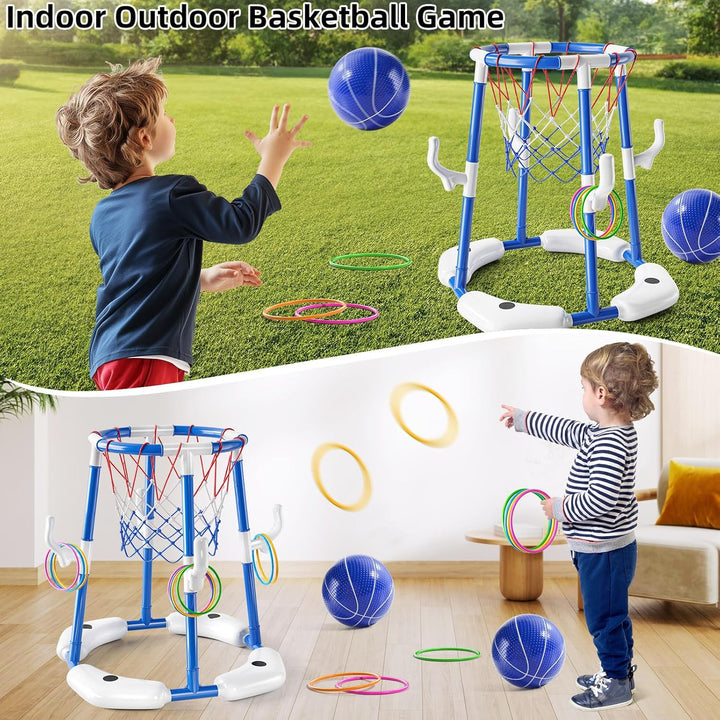 Pool Basketball Hoop, 2-In-1 Floating Pool Toys Ring Game with 4 Balls and Pump, Outdoor Swimming Pool Basketball Games Water Play Toy Family Party for Kids Adults Age 3-12 (Blue)