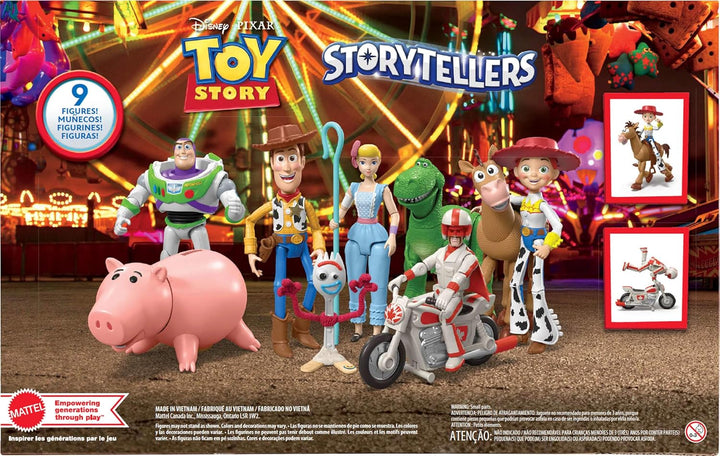 Disney and Pixar Toy Story Storytellers Figure Pack, 6 Figures & Vehicle, Woody Buzz Rex Forky Bo Peep Duke Caboom & Toy Motorcycle, Carnival Crew