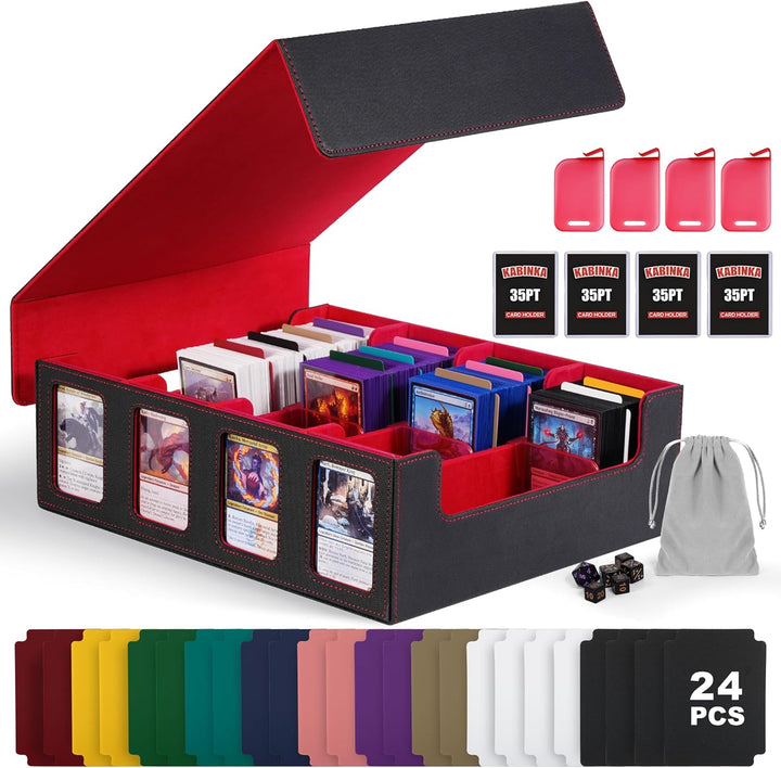 Trading Card Storage Box with Commander Display , 5-Row Deck Case with Removable Lid; 3900+ Card Deck Box for MTG TCG Sports Card, 5 Toploaders, 5 Stoppers, 48 Dividers,1 Dice Tray (Black Purple)