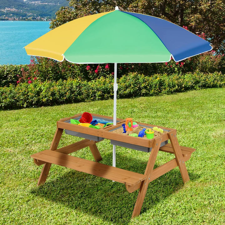 Kids Picnic Table, 4 in 1 Sand and Water Tables W/Detachable Tabletop, 2 Removable Play Boxes, Foldable & Height Adjustable Umbrella, Wood Sensory Table and Bench for Outdoors, Indoors (Brown)