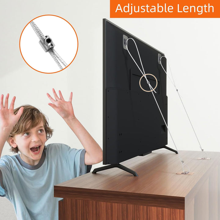 6 Pack Adjustable 42" Metal TV Safety Straps,  No-Drill Adhesive Anti-Tip Furniture Wall Anchors for Baby Proofing, Secure Flat Screens to Wall, Cabinet, Stand or Desk, Dresser, Bookshelf