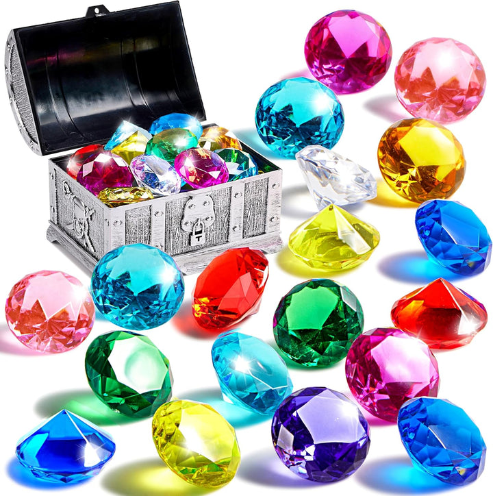 Diving Gems Pool Toys, 16 Big Colorful Diamond with Pirate Treasure Chest,Swim Dive Toy for Kids Underwater Gemstone Swimming Training Gift Water Pool Games(Gold)
