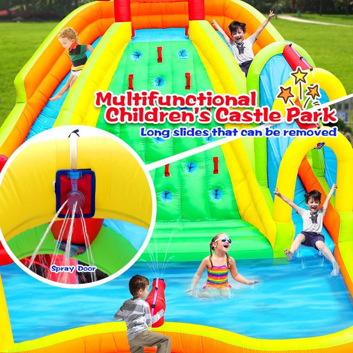Inflatable Water Double Slides Park, Bounce House with Arched Water Gun Spray, Jumping Castle with Air Blower