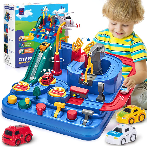 3 Year Old Boy Toys - Race Track Toys, Car Toy for Boys 3-4, Puzzle Track Rescue Racer Game with Magnetic Helicopter, STEM Learning, Montessori, Logical & Motor Development Toy