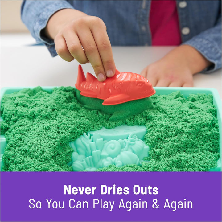, Sandbox Set with 1Lb Green Play Sand, 4 Tools & Molds, Storage, Sensory Toys for Kids Ages 3 and Up