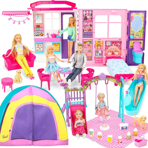 Doll House Portable & Foldable Dollhouse W/ 60+ Pcs & 2 Dolls, Play House Toy with Bedroom Kitchen Furniture Camping Playset, Playhouse Birthday Gift for Girl Kid Toddler