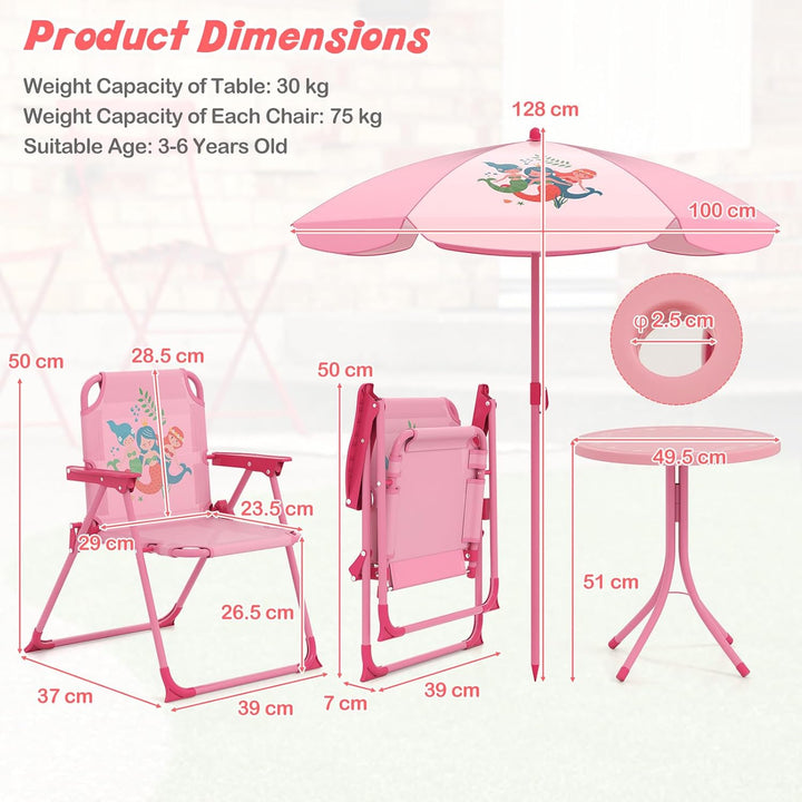Kids Picnic Table, Animal Themed Toddler Outdoor Table and Chair Set, 2 Folding Chairs & Removable Umbrella, Children Outdoor Furniture for Backyard Patio Garden (Pink Mermaid)