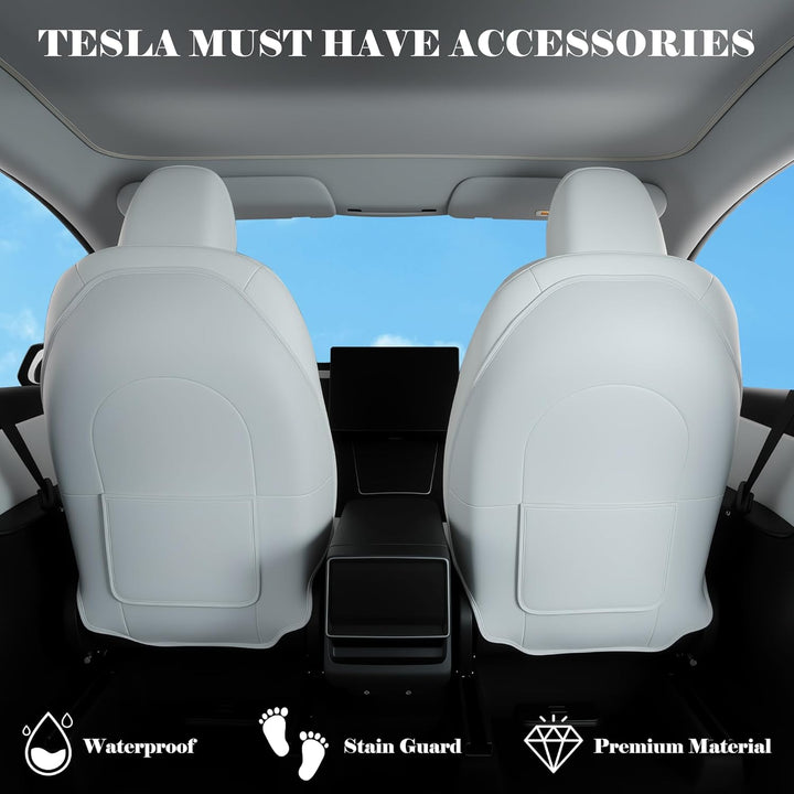 Seat Back Kick Protector for Tesla Model Y Model 3 Model S Model X Leather Backseat Mats for Kids Wear-Resistant Back Seat Cover with Extra Organizer Pocket 2 PCS -White