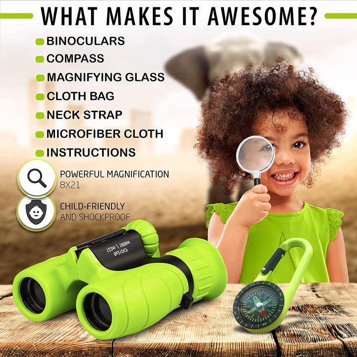 Binoculars for Kids, Set with Magnifying Glass & Compass Purple - Perfect Toy for Little Boys and Girls, Kids Binoculars for 3-12 Years Boys and Girls Present for Toddler