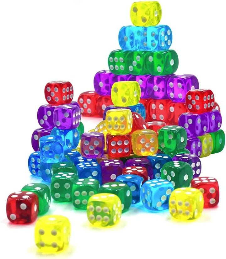 50 of Pack 14MM 6 Sided Dice Set Translucent Colors Dice, with Black Pouch for Board Game