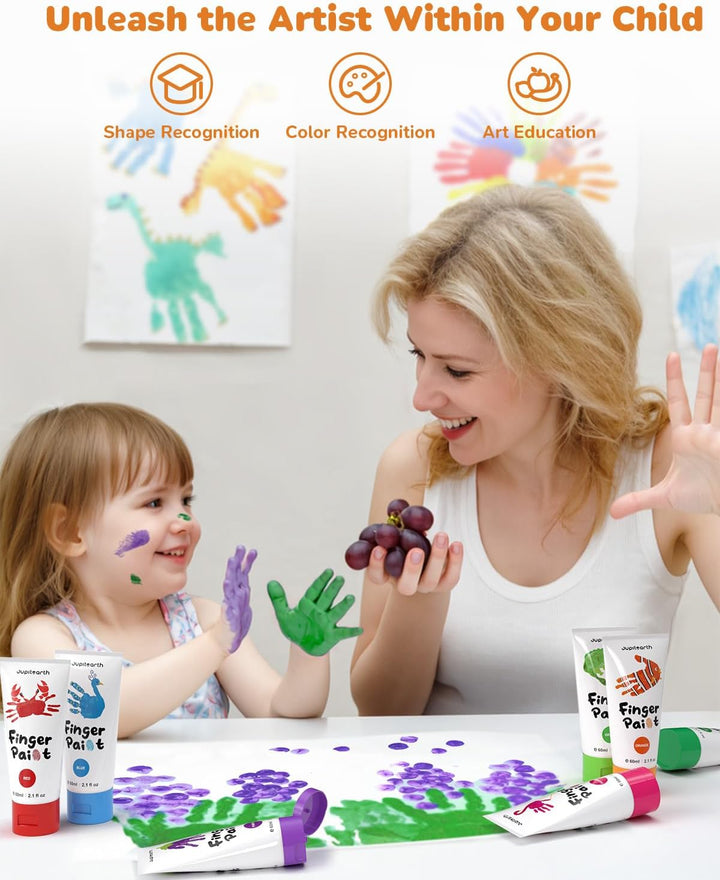 28 PCS Finger Paint, Washable Paint for Todllers 1-3, Non-Toxic 12 Vibrant Colors (1.22Fl Oz/36Ml ) , Palette, Apron, Brush, Eye Stickers, Baby Safe Paints for Hand and Feet, Safe Preschool Art Supplies for Kids
