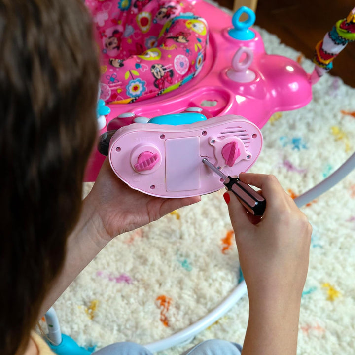 Disney Baby MINNIE MOUSE Peekaboo Baby Activity Center Jumper with 8 Toys, Lights & Sounds, 360-Degree Seat, 6-12 Months (Pink/Blue)