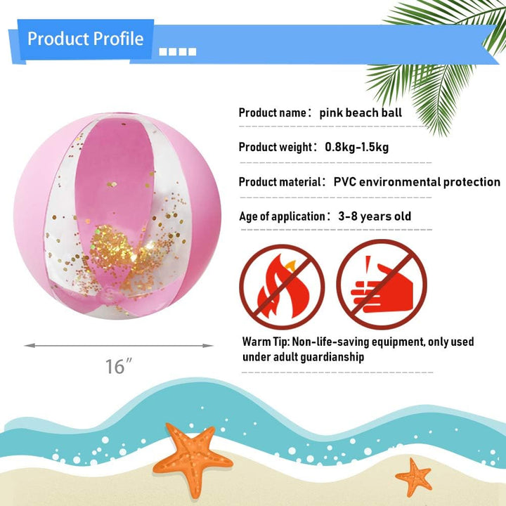 Beach Ball, 16" Glitter Beach Ball Inflatable Beach Balls for Kids & Toddlers Pool Balls Summer Party Favors