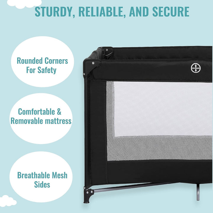 Nest Portable Playard in Black with Carrybag an Shoulder Strap, Lightweight, Packable and Easy Setup Baby Playard, Breathable Mesh Sides and Soft Fabric - Comes with a Removable Padded Mat