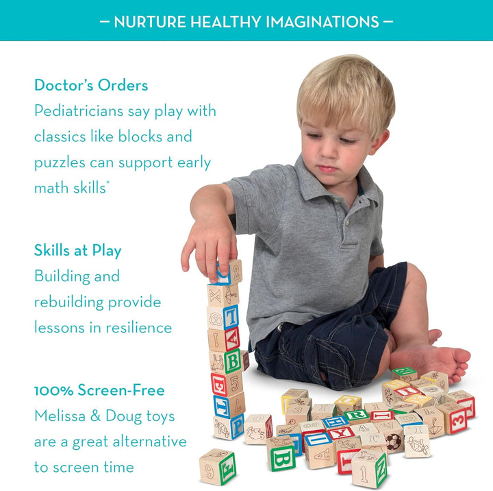 Deluxe Wooden ABC/123 1-Inch Blocks Set with Storage Pouch (50 Pcs)